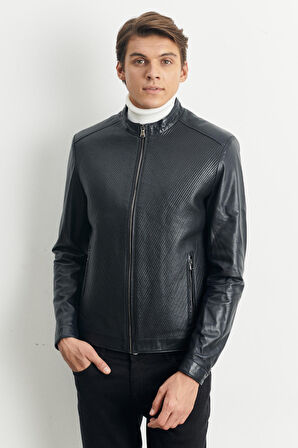 Erkek Lacivert Standart Fit Normal Kesim Bebe Yaka %100 Hakiki Deri Mont