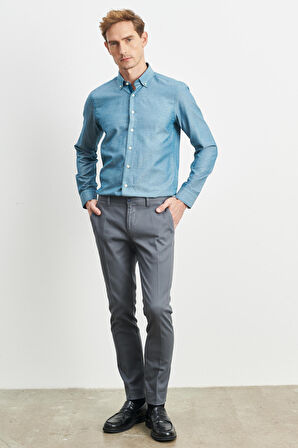 Erkek Gri-mavi Slim Fit Dar Kesim Armürlü Esnek Casual Pantolon