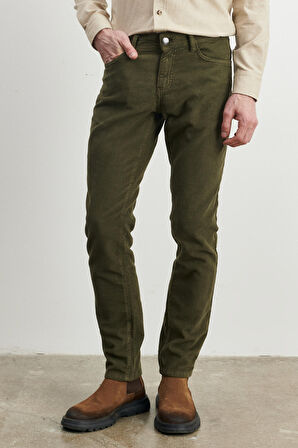 Erkek Haki Slim Fit Dar Kesim Esnek Kadife Pantolon