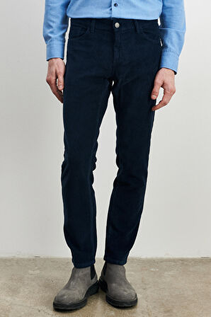 Erkek Lacivert Slim Fit Dar Kesim Esnek Kadife Pantolon