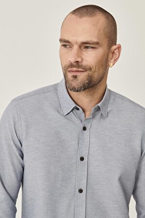 Erkek Gri Slim Fit Dar Kesim Pamuklu Gizli Düğmeli Yaka Uzun Kollu Oxford Gömlek