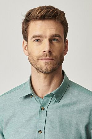 Erkek Yeşil Slim Fit Dar Kesim Pamuklu Gizli Düğmeli Yaka Uzun Kollu Oxford Gömlek