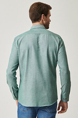 Erkek Yeşil Slim Fit Dar Kesim Pamuklu Gizli Düğmeli Yaka Uzun Kollu Oxford Gömlek