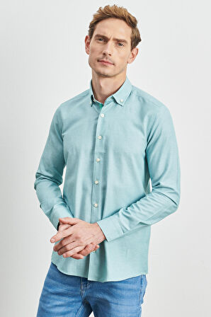 Erkek Yeşil Slim Fit Dar Kesim Pamuklu Gizli Düğmeli Yaka Uzun Kollu Oxford Gömlek