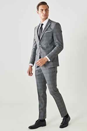 Erkek Gri Ekstra Slim Fit Dar Kesim Mono Yaka Kareli Takım Elbise