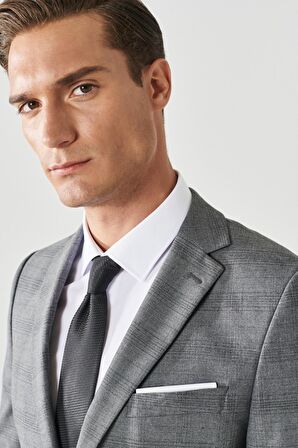 Erkek Gri Ekstra Slim Fit Dar Kesim Mono Yaka Kareli Takım Elbise