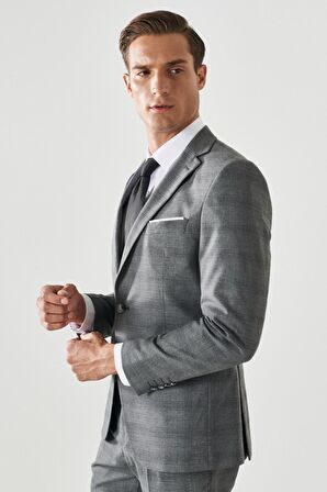 Erkek Gri Ekstra Slim Fit Dar Kesim Mono Yaka Kareli Takım Elbise