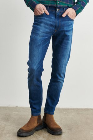 Erkek Lacivert Trend Slim Fit Dar Kesim 5 Cep Denim Jean Kot Pantolon