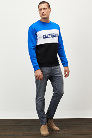 Erkek G.melanj-beyaz-sıyah Standart Fit Normal Kesim Bisiklet Yaka Içi Polarlı Baskılı Sweatshirt