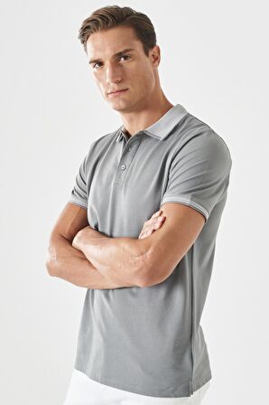 Erkek Çekmeyen Pamuklu Kumaş Slim Fit Dar Kesim Gri Kıvrılmaz Polo Yaka T-shirt