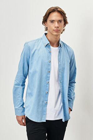 Slim Fit Dar Kesim Düğmeli Yaka %100 Pamuk Denim Gömlek