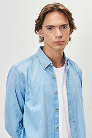 Slim Fit Dar Kesim Düğmeli Yaka %100 Pamuk Denim Gömlek