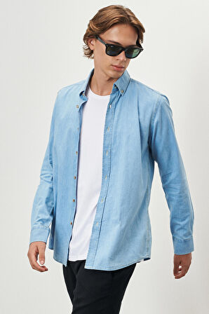 Slim Fit Dar Kesim Düğmeli Yaka %100 Pamuk Denim Gömlek