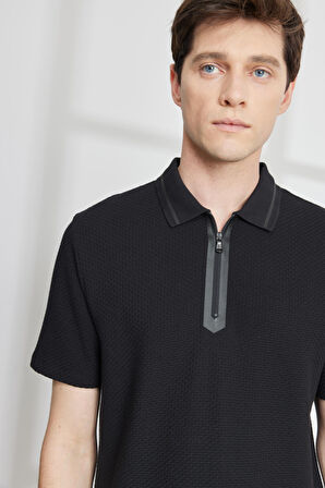 Erkek Siyah Slim Fit Dar Kesim Fermuarlı Polo Yaka %100 Pamuk Desenli Dokulu Tişört