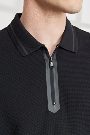 Erkek Siyah Slim Fit Dar Kesim Fermuarlı Polo Yaka %100 Pamuk Desenli Dokulu Tişört