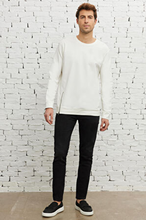Erkek Ekru Standart Fit Normal Kesim Bisiklet Yaka Sweatshirt