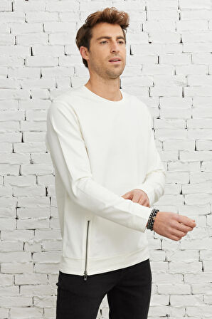 Erkek Ekru Standart Fit Normal Kesim Bisiklet Yaka Sweatshirt