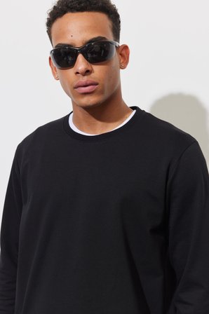Erkek Siyah Standart Fit Normal Kesim Bisiklet Yaka Sweatshirt