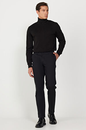 Erkek Siyah Comfort Fit Rahat Kesim Yan Cepli Pamuklu Desenli Esnek Pantolon