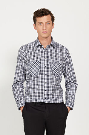Erkek Siyah-beyaz Slim Fit Dar Kesim Klasik Yaka Pamuklu Ekose Desenli Gömlek