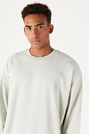 Erkek Su Yeşil Oversize Bol Kesim Bisiklet Yaka Baskılı Pamuklu Sweatshirt