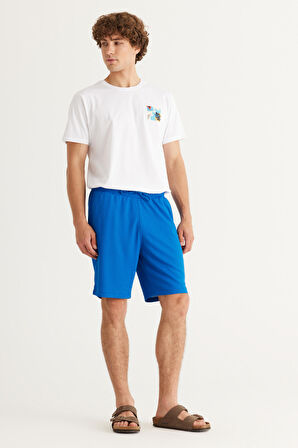 Erkek Saks Mavi Standart Fit Normal Kesim Örme Spor Şort