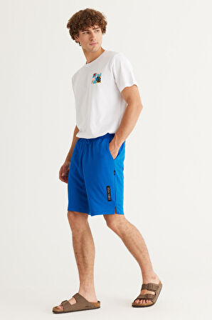 Erkek Saks Mavi Standart Fit Normal Kesim Örme Spor Şort