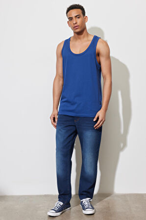 Erkek Açık Lacivert Slim Fit Dar Kesim Bisiklet Yaka Spor Atlet Tişört