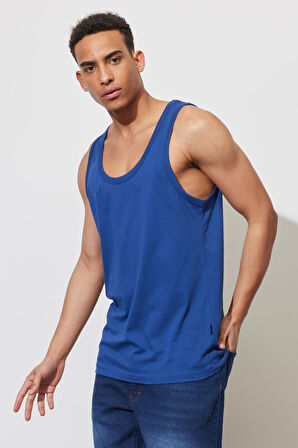 Erkek Açık Lacivert Slim Fit Dar Kesim Bisiklet Yaka Spor Atlet Tişört