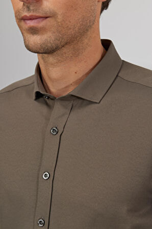 Erkek Haki Slim Fit Dar Kesim Italyan Yaka Armürlü Gömlek