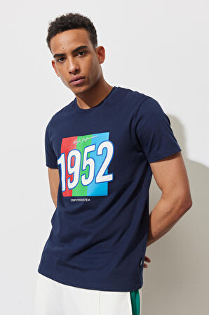 Erkek Indigo Slim Fit Dar Kesim Bisiklet Yaka %100 Pamuk Baskılı Tişört