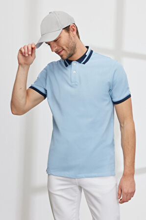 Erkek Açık Mavi Slim Fit Dar Kesim %100 Pamuk Kıvrılmaz Polo Yaka Tişört
