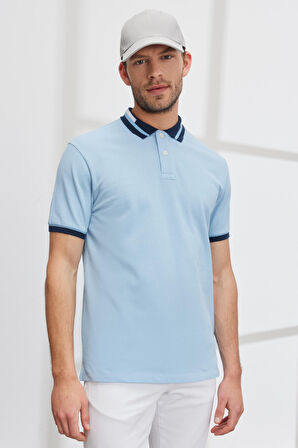 Erkek Açık Mavi Slim Fit Dar Kesim %100 Pamuk Kıvrılmaz Polo Yaka Tişört