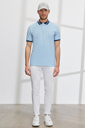 Erkek Açık Mavi Slim Fit Dar Kesim %100 Pamuk Kıvrılmaz Polo Yaka Tişört