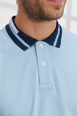 Erkek Açık Mavi Slim Fit Dar Kesim %100 Pamuk Kıvrılmaz Polo Yaka Tişört