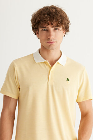 Erkek Sarı Slim Fit Dar Kesim Dar Polo Yaka Pamuklu Kısa Kollu Tişört