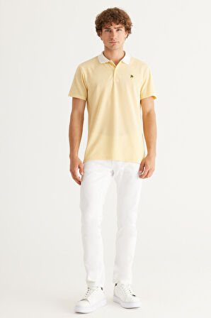 Erkek Sarı Slim Fit Dar Kesim Dar Polo Yaka Pamuklu Kısa Kollu Tişört