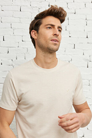 Erkek Turkuaz Beyaz Kolay Ütülenebilir Slim Fit Dar Kesim Bisiklet Yaka Jakarlı Kısa Kollu Tişört