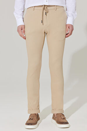 Erkek Bej Slim Fit Dar Kesim Diyagonal Desenli Esnek Beli Bağlamalı Jogger Pantolon