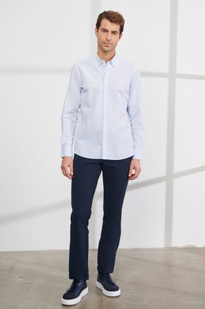 Slim Fit Dar Kesim Düğmeli Yaka %100 Pamuk Çizgili Gömlek