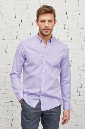 Erkek Lila Slim Fit Dar Kesim Düğmeli Yaka Pamuklu Armürlü Keten Gömlek