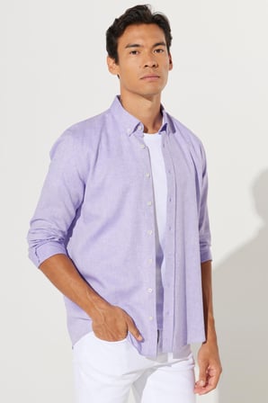 Erkek Lila Slim Fit Dar Kesim Düğmeli Yaka Pamuklu Armürlü Keten Gömlek