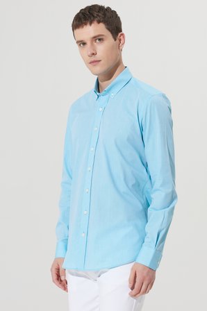Slim Fit Dar Kesim %100 Pamuk Düğmeli Yaka Desenli Gömlek