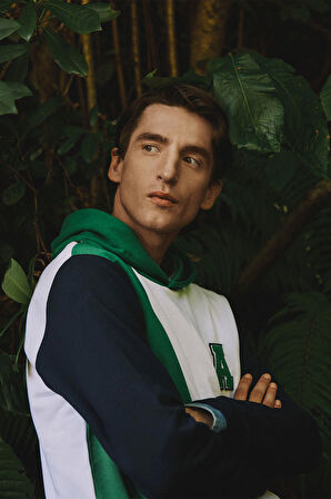 Erkek Beyaz-yeşil Standart Fit Normal Kesim Kapüşonlu Pamuklu Çizgili Sweatshirt