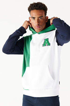 Erkek Beyaz-yeşil Standart Fit Normal Kesim Kapüşonlu Pamuklu Çizgili Sweatshirt