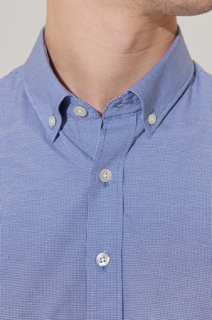 Erkek Lacivert Slim Fit Dar Kesim Oxford Düğmeli Yaka Pötikareli Pamuklu Gömlek