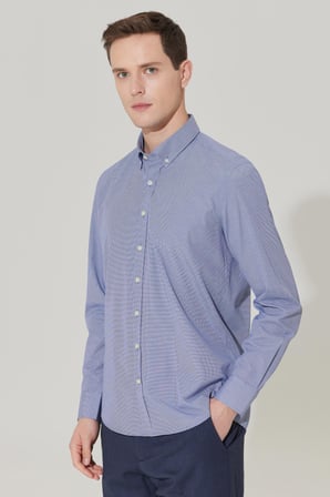 Erkek Lacivert Slim Fit Dar Kesim Oxford Düğmeli Yaka Pötikareli Pamuklu Gömlek