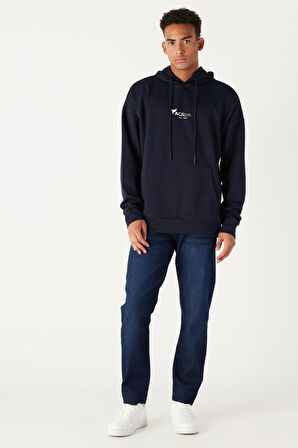 Erkek Lacivert Oversize Bol Kesim Kapüşonlu Pamuklu Baskılı Sweatshirt