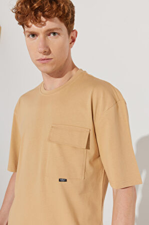 Oversize Fit Geniş Kesim Bisiklet Yaka %100 Pamuk Cepli Tişört