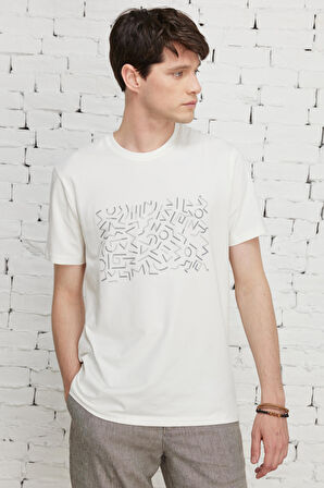 Erkek Ekru Slim Fit Dar Kesim Bisiklet Yaka Pamuklu Baskılı Tişört